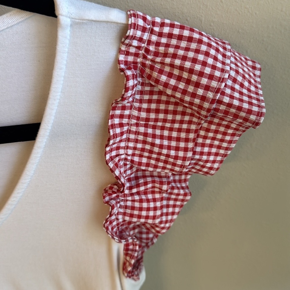 1. State White Scoop Neck Top with Red Gingham Ruffle Sleeves - Picture 3 of 6